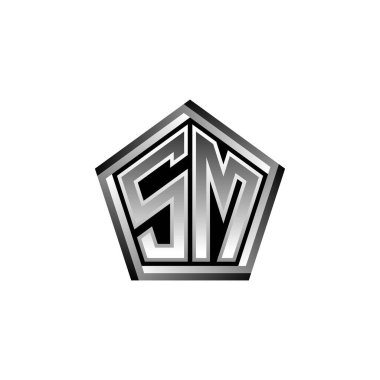 Modern geometrik gümüş stil tasarımlı SM Monogram logo harfi. Geometrik şekil yuvarlanmış, daire dikdörtgeni ve üçgen şekil logosu dizaynı