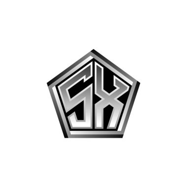 Modern geometrik gümüş stil tasarımlı SX Monogram logo harfi. Geometrik şekil yuvarlanmış, daire dikdörtgeni ve üçgen şekil logosu dizaynı