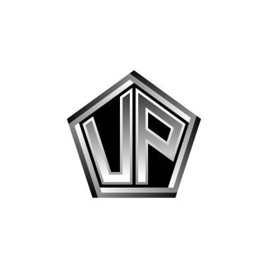 UP Monogram logo harfi modern geometrik gümüş stil tasarımı. Geometrik şekil yuvarlanmış, daire dikdörtgeni ve üçgen şekil logosu dizaynı