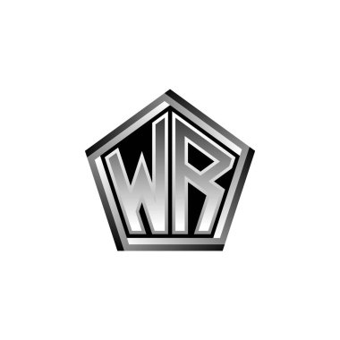 Modern geometrik gümüş şekilli WR Monogram logo harfi. Geometrik şekil yuvarlanmış, daire dikdörtgeni ve üçgen şekil logosu dizaynı