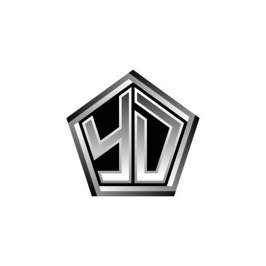 Modern geometrik gümüş şekilli YD Monogram logo harfi. Geometrik şekil yuvarlanmış, daire dikdörtgeni ve üçgen şekil logosu dizaynı