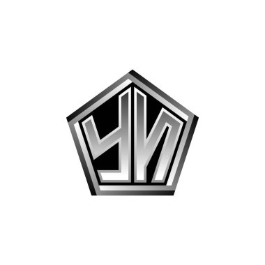 Modern geometrik gümüş şekilli YN Monogram logo harfi. Geometrik şekil yuvarlanmış, daire dikdörtgeni ve üçgen şekil logosu dizaynı