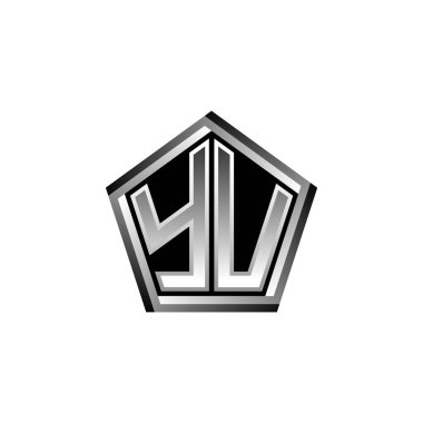 Modern geometrik gümüş stil tasarımlı YU Monogram logo harfi. Geometrik şekil yuvarlanmış, daire dikdörtgeni ve üçgen şekil logosu dizaynı