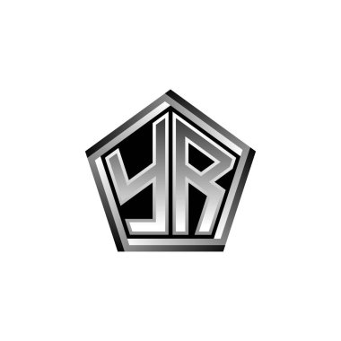 Modern geometrik gümüş şekilli YR Monogram logo harfi. Geometrik şekil yuvarlanmış, daire dikdörtgeni ve üçgen şekil logosu dizaynı