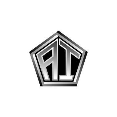 Modern geometrik gümüş şekilli AI Monogram logo harfi. Geometrik şekil yuvarlanmış, daire dikdörtgeni ve üçgen şekil logosu dizaynı