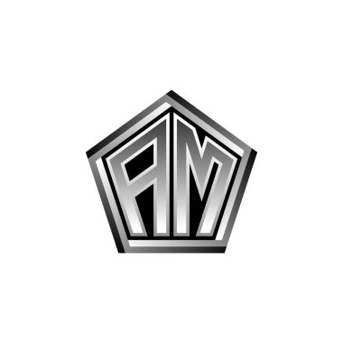 AM Monogram logo harfi modern geometrik gümüş stil tasarımı. Geometrik şekil yuvarlanmış, daire dikdörtgeni ve üçgen şekil logosu dizaynı