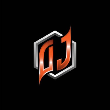 DJ Monogram logo letter with modern geometric orange style design. Geometric hexagonal shape rounded, circle hexagon and triangle shape logo design