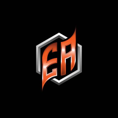 EA Monogram logo letter with modern geometric orange style design. Geometric hexagonal shape rounded, circle hexagon and triangle shape logo design