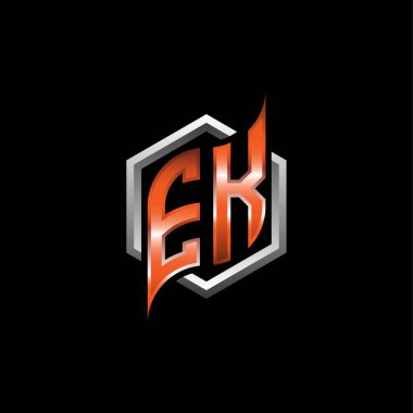 EK Monogram logo letter with modern geometric orange style design. Geometric hexagonal shape rounded, circle hexagon and triangle shape logo design