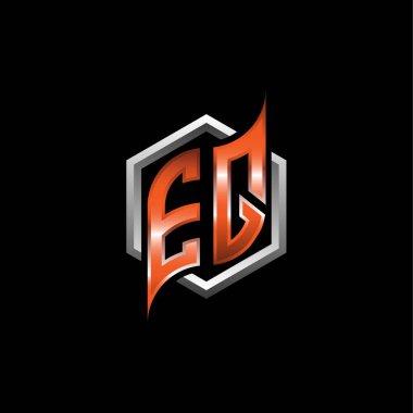 EQ Monogram logo letter with modern geometric orange style design. Geometric hexagonal shape rounded, circle hexagon and triangle shape logo design