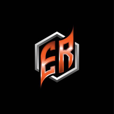 ER Monogram logo letter with modern geometric orange style design. Geometric hexagonal shape rounded, circle hexagon and triangle shape logo design