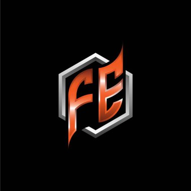 FE Monogram logo letter with modern geometric orange style design. Geometric hexagonal shape rounded, circle hexagon and triangle shape logo design