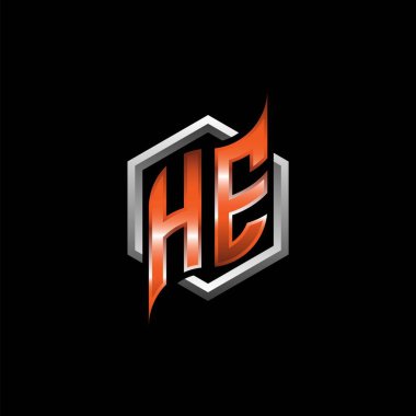 HE Monogram logo letter with modern geometric orange style design. Geometric hexagonal shape rounded, circle hexagon and triangle shape logo design