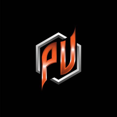 PU Monogram logo letter with modern geometric orange style design. Geometric hexagonal shape rounded, circle hexagon and triangle shape logo design