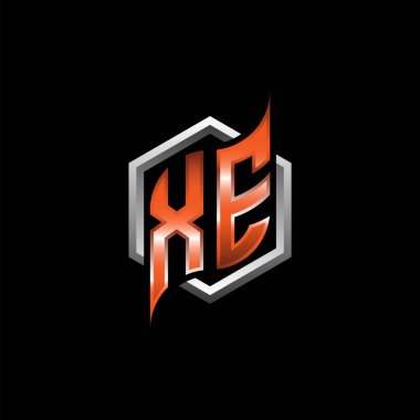 XE Monogram logo letter with modern geometric orange style design. Geometric hexagonal shape rounded, circle hexagon and triangle shape logo design