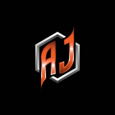 AJ Monogram logo letter with modern geometric orange style design. Geometric hexagonal shape rounded, circle hexagon and triangle shape logo design