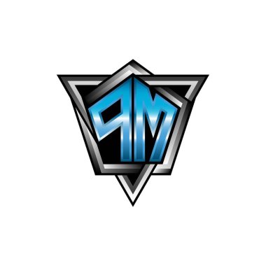 PM Monogram logo letter with blue light modern geometric style design. Geometric shape rounded, circle rectangle and triangle shape logo design