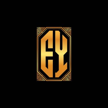 İdeal arka plan, altın geometrik şekil, altın geometrik şekil, altın ve altın monogram ile geometrik altın şekil tasarımı içeren EY logosu
