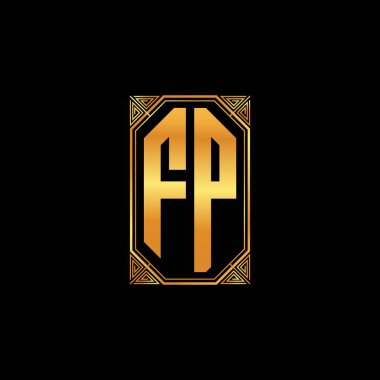 İzole arkaplan, altın geometrik şekil, altın geometrik şekil, altın ve altın monogram ile geometrik altın şekil tasarımlı FP logosu