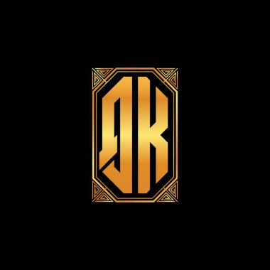İzole arkaplan, altın geometrik şekil, altın geometrik şekil, altın ve altın monogram ile geometrik altın şekil tasarımlı QK logosu