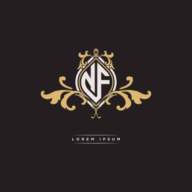 İzole arka planda geometrik vintage biçim tasarımına sahip ilk NF logosu, klasik geometrik şekil biçimi, altın antika monogram