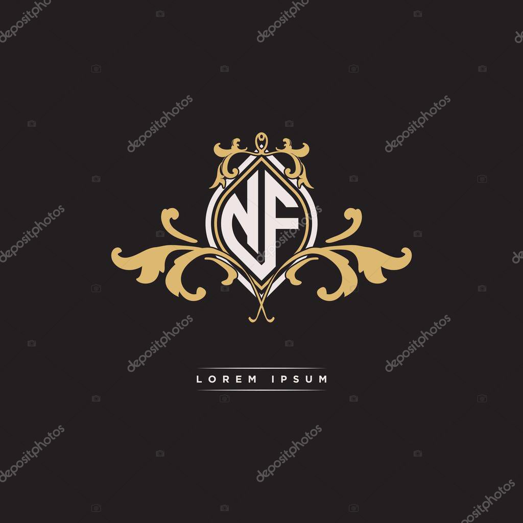 NF logo initial monogram with geometric vintage shape style design in isolated background, vintage ornamental geometric shape style, gold vintage retro monogram