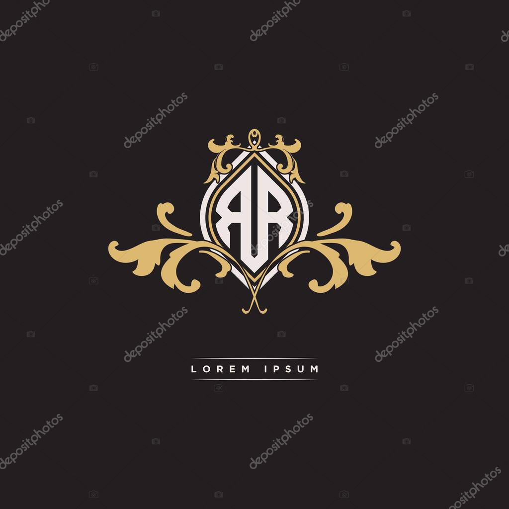 RR logo initial monogram with geometric vintage shape style design in isolated background, vintage ornamental geometric shape style, gold vintage retro monogram