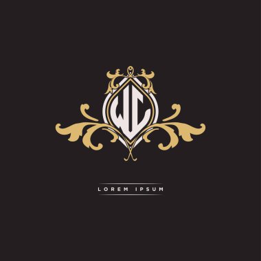 WJ logosu, izole arka planda geometrik vintage biçim tasarımına sahip ilk monogram, klasik dekoratif geometrik biçim, altın antika monogram