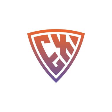Modern kalkan geometrik stil tasarımlı EX Monogram logo harfi. Geometrik kalkan gradyanı, daire dikdörtgeni ve üçgen şekil logosu tasarımı