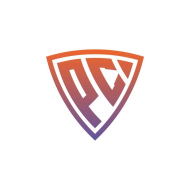 Modern kalkan geometrik stil tasarımlı PC Monogram logo harfi. Geometrik kalkan gradyanı, daire dikdörtgeni ve üçgen şekil logosu tasarımı