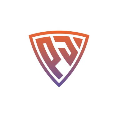 Modern kalkan geometrik stil tasarımlı PJ Monogram logo harfi. Geometrik kalkan gradyanı, daire dikdörtgeni ve üçgen şekil logosu tasarımı