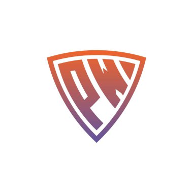 Modern kalkan geometrik stil tasarımlı PW Monogram logo harfi. Geometrik kalkan gradyanı, daire dikdörtgeni ve üçgen şekil logosu tasarımı