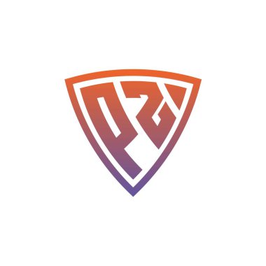 Modern kalkan geometrik stil tasarımlı PZ Monogram logo harfi. Geometrik kalkan gradyanı, daire dikdörtgeni ve üçgen şekil logosu tasarımı