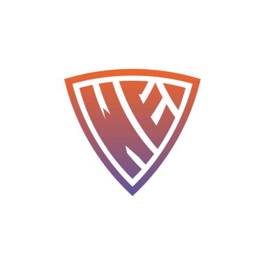 We Monogram logo harfi ve modern kalkan geometrik stil tasarımı. Geometrik kalkan gradyanı, daire dikdörtgeni ve üçgen şekil logosu tasarımı
