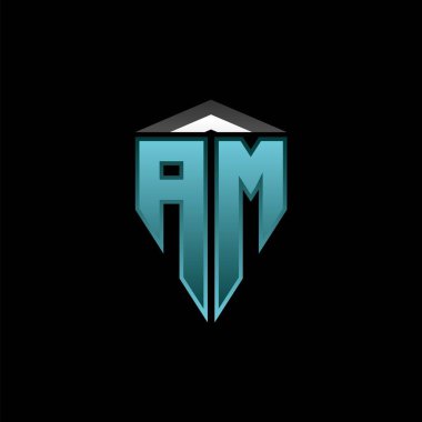 Modern mavi ışık oyunu tasarımlı AM Monogram logo mektubu. Geometrik esport logosu, oyun kalkanı logosu tasarımı.