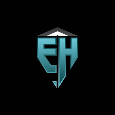 Modern mavi ışık oyun tasarımlı EH Monogram logo harfi. Geometrik esport logosu, oyun kalkanı logosu tasarımı.
