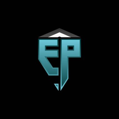 Modern mavi ışık oyun tasarımlı EP Monogram logo harfi. Geometrik esport logosu, oyun kalkanı logosu tasarımı.