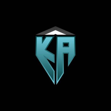 Modern mavi ışık oyun tasarımlı KA Monogram logo harfi. Geometrik esport logosu, oyun kalkanı logosu tasarımı.