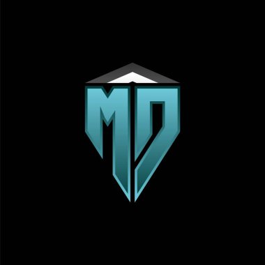 Modern mavi ışık oyun tasarımlı MD Monogram logo harfi. Geometrik esport logosu, oyun kalkanı logosu tasarımı.