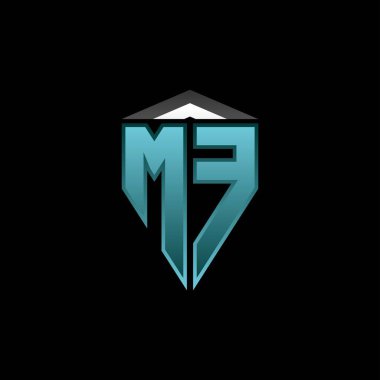 Modern mavi ışık oyun tasarımlı MF Monogram logo harfi. Geometrik esport logosu, oyun kalkanı logosu tasarımı.