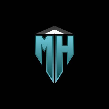 Modern mavi ışık oyun tasarımlı MH Monogram logo harfi. Geometrik esport logosu, oyun kalkanı logosu tasarımı.