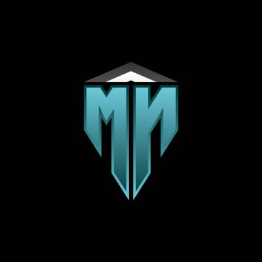 Modern mavi ışık oyun tasarımlı MN Monogram logo harfi. Geometrik esport logosu, oyun kalkanı logosu tasarımı.