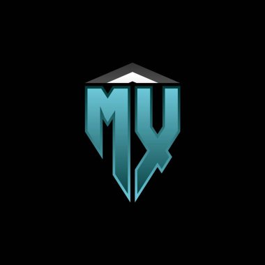 Modern mavi ışık oyun tasarımlı MX Monogram logo harfi. Geometrik esport logosu, oyun kalkanı logosu tasarımı.