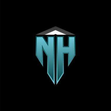 Modern mavi ışık oyun tasarımlı NH Monogram logo harfi. Geometrik esport logosu, oyun kalkanı logosu tasarımı.