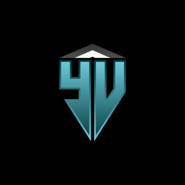 Modern mavi ışık oyun tasarımlı YU Monogram logo harfi. Geometrik esport logosu, oyun kalkanı logosu tasarımı.