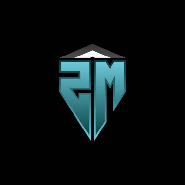 Modern mavi ışık oyun tasarımlı ZM Monogram logo harfi. Geometrik esport logosu, oyun kalkanı logosu tasarımı.