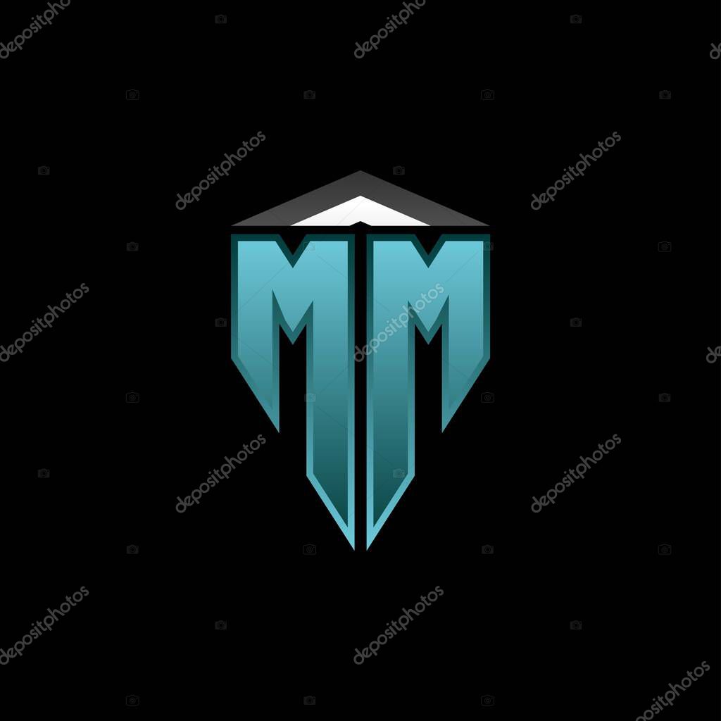 MM Monogram logo letter with modern blue light gaming design. Geometric esport logo, gaming shield logo design.