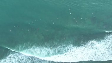İnanılmaz hava manzarası. Dalgaların tepesi tropikal deniz sörfçülerinde kırılıyor. Sörf tahtalarıyla.