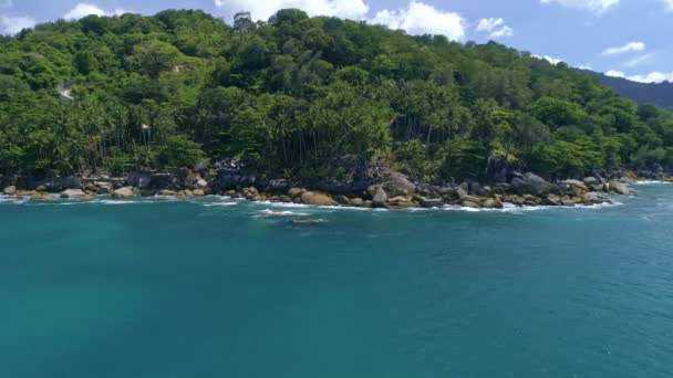 Aerial View Phuket Island Waves Break Rocks Stones Blue Ocean — Stock Video