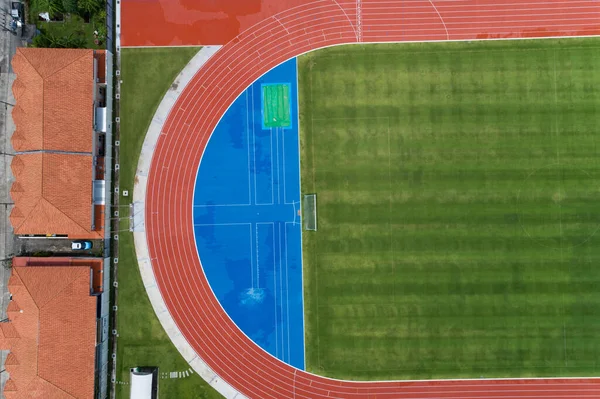Aerial View Empty New Soccer Field Running Tracks Amazing New — Stock Photo, Image